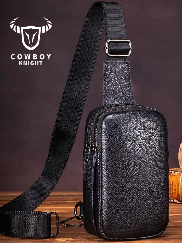 Мъжка Chest Bag, първокласна телешка кожа, уличен стил, водоустойчива и ултра лека, джоб за лаптоп с полиестерна подплата