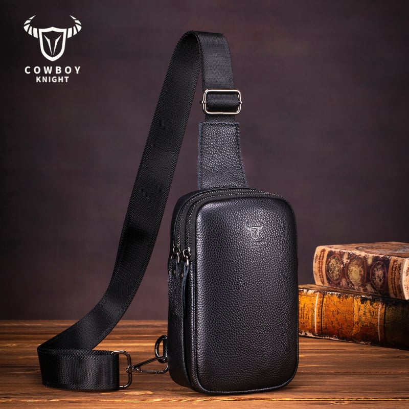 Мъжка Chest Bag, първокласна телешка кожа, уличен стил, водоустойчива и ултра лека, джоб за лаптоп с полиестерна подплата