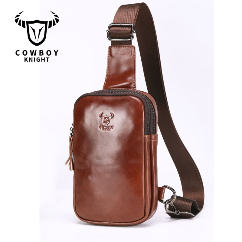 Мъжка Chest Bag, първокласна телешка кожа, уличен стил, водоустойчива и ултра лека, джоб за лаптоп с полиестерна подплата