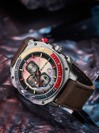 Extri мъжки часовник: кварцов механизъм, хронограф и календар, корпус от цинков сплав, водоустойчивост 30m, каишка от естествена кожа
