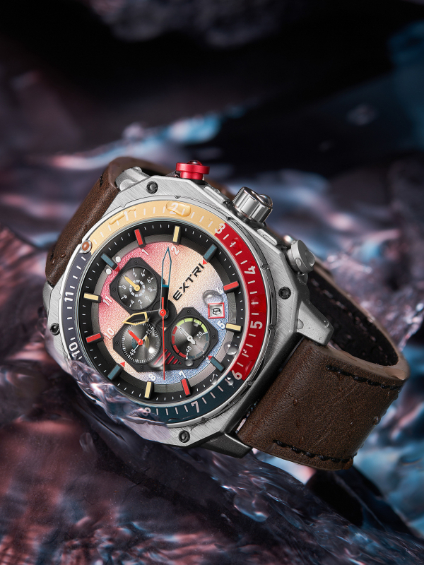 Extri Ανδρικό ρολόι με πολυλειτουργικό ημερολόγιο και χρονογράφο, κάσα από κράμα ψευδάργύρου, κίνηση quartz, αδιάβροχο μέχρι 30m, λουρί από γνήσιο δέρμα