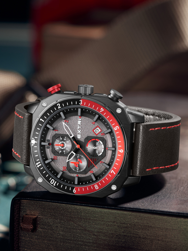 Extri Ανδρικό ρολόι με πολυλειτουργικό ημερολόγιο και χρονογράφο, κάσα από κράμα ψευδάργύρου, κίνηση quartz, αδιάβροχο μέχρι 30m, λουρί από γνήσιο δέρμα