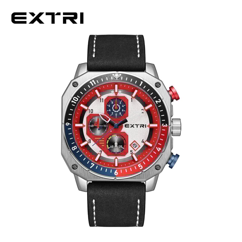 Extri мъжки часовник: кварцов механизъм, хронограф и календар, корпус от цинков сплав, водоустойчивост 30m, каишка от естествена кожа