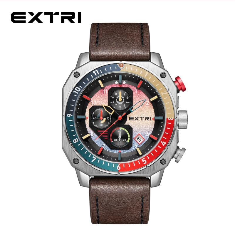 Extri meeste käekell: mitmekülgne kalendaar ja kronograaf, korpus tsink-sulam, kvartsliikumine, veekindlus 30 m, ehtne nahkrihm