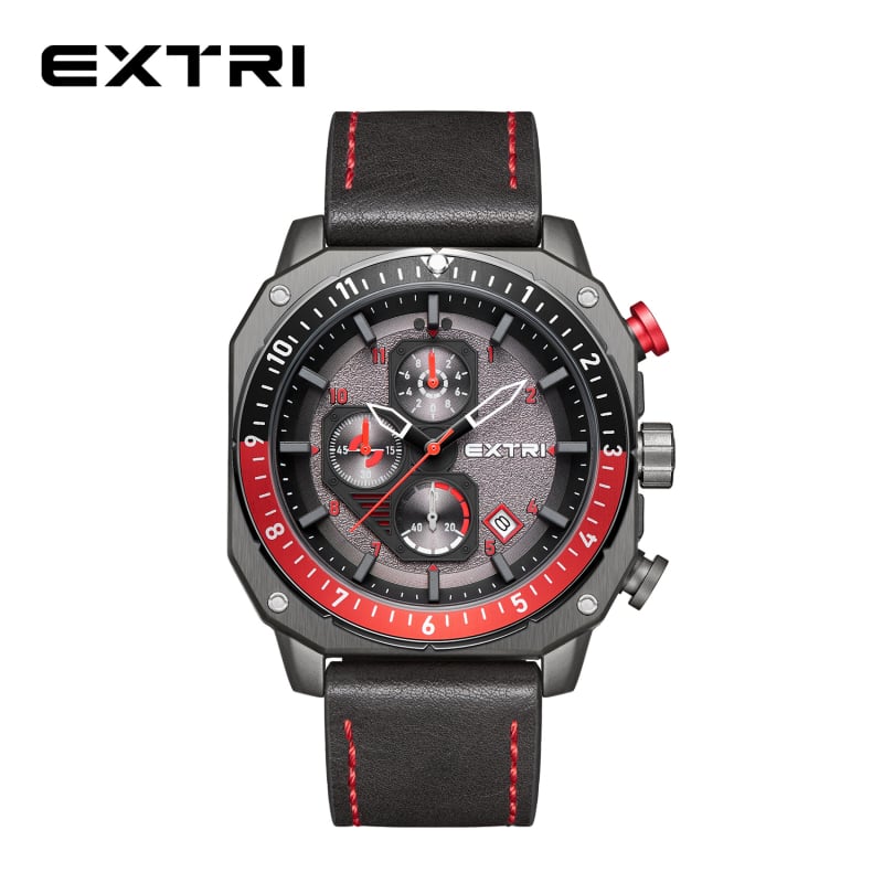Extri мъжки часовник: кварцов механизъм, хронограф и календар, корпус от цинков сплав, водоустойчивост 30m, каишка от естествена кожа