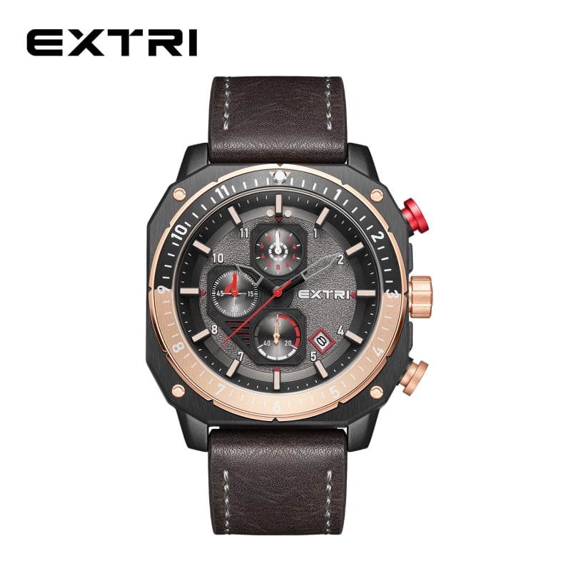 Extri мъжки часовник: кварцов механизъм, хронограф и календар, корпус от цинков сплав, водоустойчивост 30m, каишка от естествена кожа