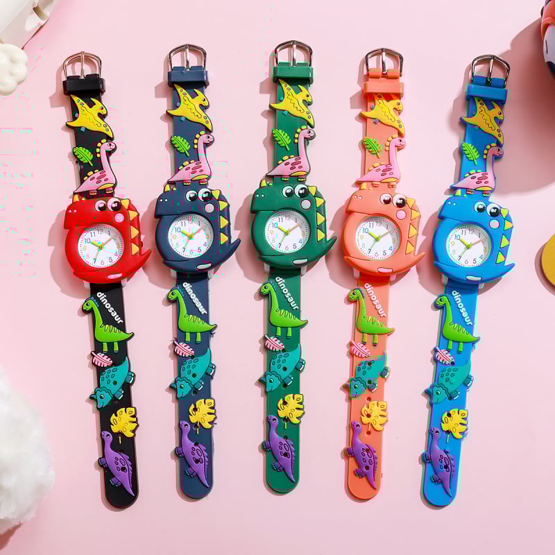 Детски часовник с 3D силиконова каишка в стил динозавърски крила, кварцов механизъм Pearl 618, кръгъл циферблат, завинтваща се корона, персонализирано лого
