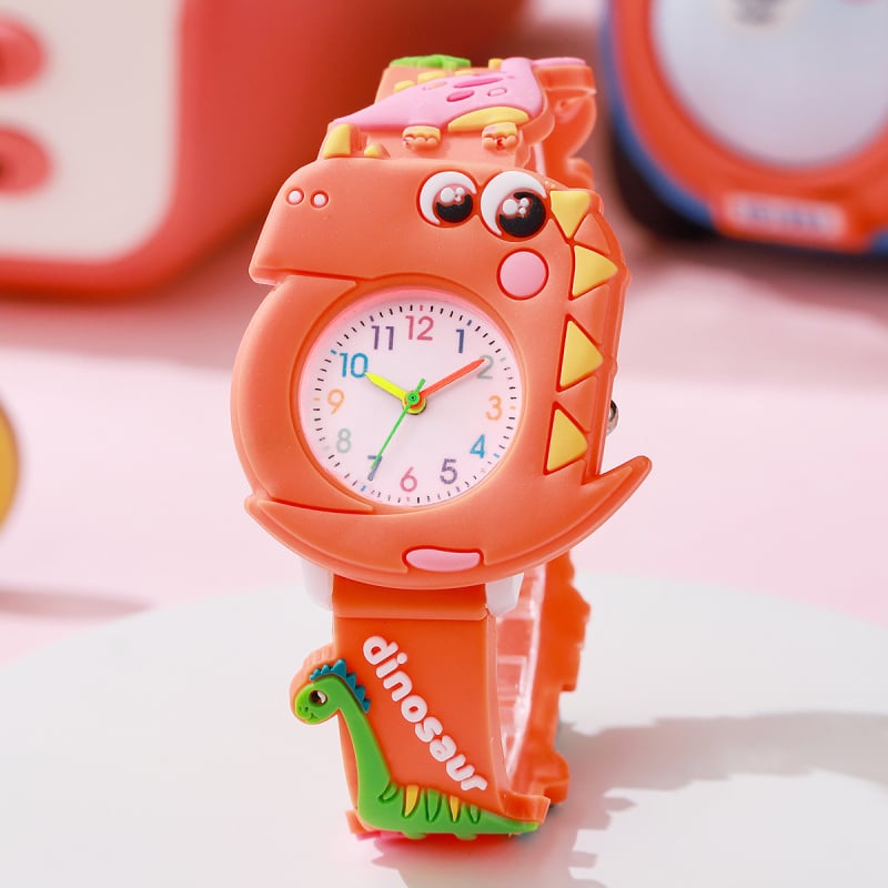Детски часовник с 3D силиконова каишка в стил динозавърски крила, кварцов механизъм Pearl 618, кръгъл циферблат, завинтваща се корона, персонализирано лого