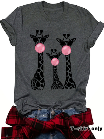 Тениска с принт на жираф, кръгло деколте, къси ръкави, средна дължина, полиестер-памучен микс