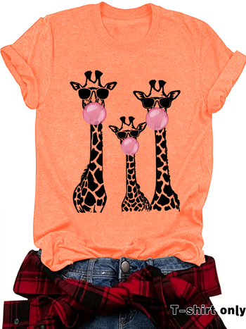 Тениска с принт на жираф, кръгло деколте, къси ръкави, средна дължина, полиестер-памучен микс