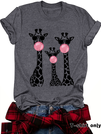 Тениска с принт на жираф, кръгло деколте, къси ръкави, средна дължина, полиестер-памучен микс