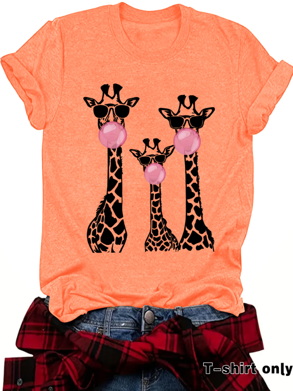 Тениска с принт на жираф, кръгло деколте, къси ръкави, средна дължина, полиестер-памучен микс
