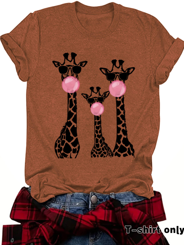 Тениска с принт на жираф, кръгло деколте, къси ръкави, средна дължина, полиестер-памучен микс