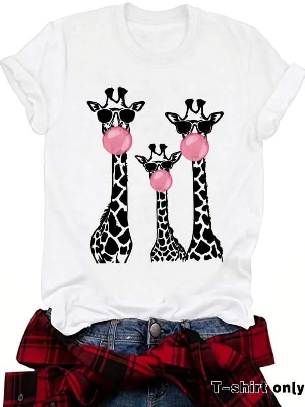 Тениска с принт на жираф, кръгло деколте, къси ръкави, средна дължина, полиестер-памучен микс