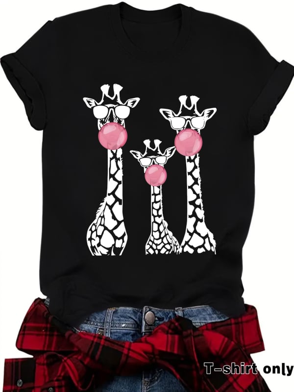 Тениска с принт на жираф, кръгло деколте, къси ръкави, средна дължина, полиестер-памучен микс