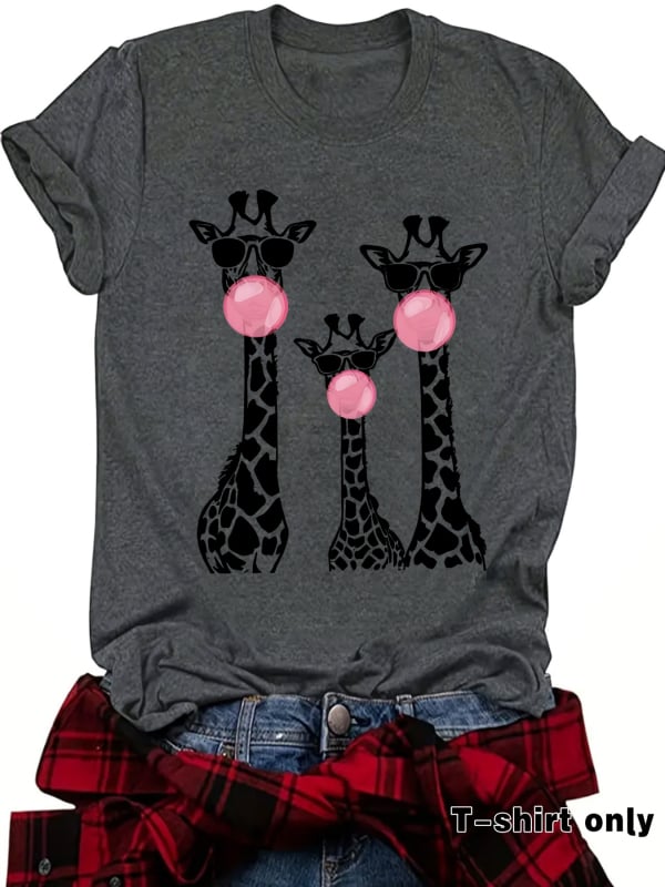 Тениска с принт на жираф, кръгло деколте, къси ръкави, средна дължина, полиестер-памучен микс