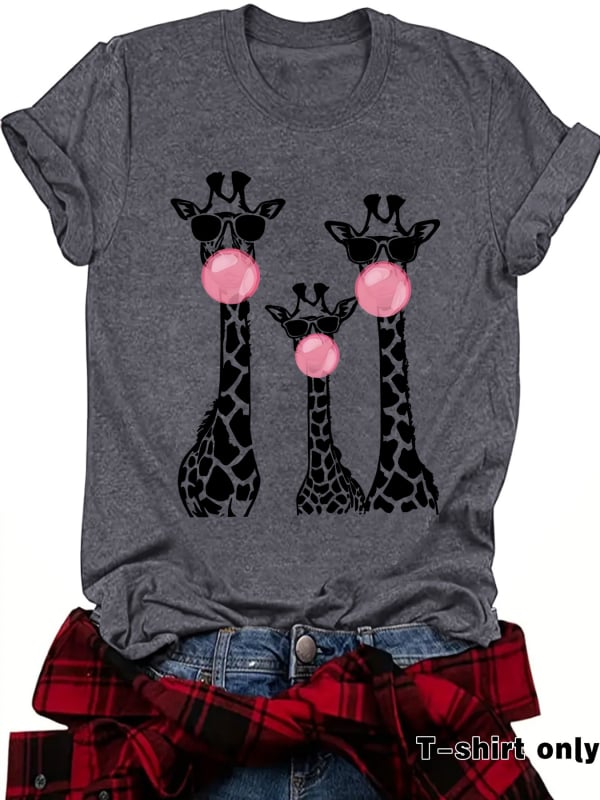 Тениска с принт на жираф, кръгло деколте, къси ръкави, средна дължина, полиестер-памучен микс