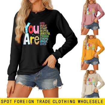 Hanorac dama din bumbac, croială lejeră, guler rotund, mâneci lungi, lungime medie, imprimeu, amestec bumbac-poliester