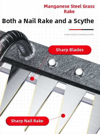 Mangaani terasest reha – mitmekülgne aiatööriist umrohu tõrjeks ja köögiviljade istutamiseks, viie hammaste disain, mulla lõdvestamine