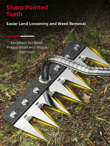 Mangaani terasest reha – mitmekülgne aiatööriist umrohu tõrjeks ja köögiviljade istutamiseks, viie hammaste disain, mulla lõdvestamine