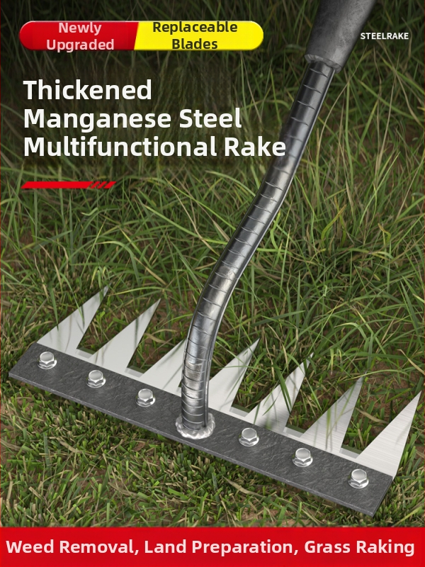 Mangaani terasest reha – mitmekülgne aiatööriist umrohu tõrjeks ja köögiviljade istutamiseks, viie hammaste disain, mulla lõdvestamine