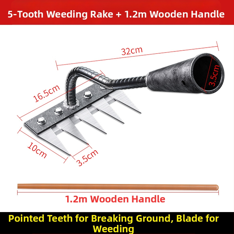 Mangaani terasest reha – mitmekülgne aiatööriist umrohu tõrjeks ja köögiviljade istutamiseks, viie hammaste disain, mulla lõdvestamine