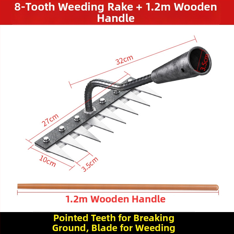 Mangaani terasest reha – mitmekülgne aiatööriist umrohu tõrjeks ja köögiviljade istutamiseks, viie hammaste disain, mulla lõdvestamine