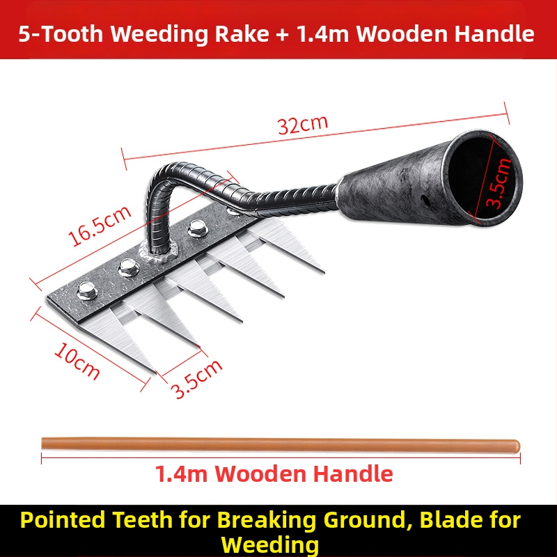 Mangaani terasest reha – mitmekülgne aiatööriist umrohu tõrjeks ja köögiviljade istutamiseks, viie hammaste disain, mulla lõdvestamine