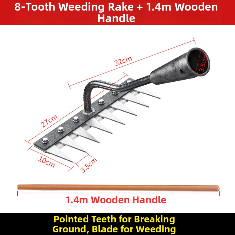 Mangaani terasest reha – mitmekülgne aiatööriist umrohu tõrjeks ja köögiviljade istutamiseks, viie hammaste disain, mulla lõdvestamine