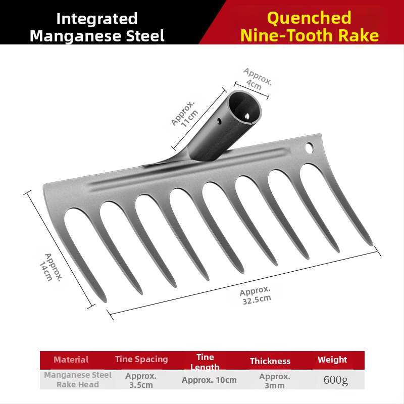Mangaani terasest reha – mitmekülgne aiatööriist umrohu tõrjeks ja köögiviljade istutamiseks, viie hammaste disain, mulla lõdvestamine