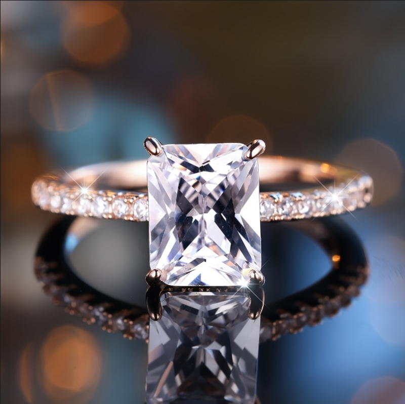 Пръстен с правоъгълен бял диамант в четиризъбна настройка, мед, геометрична форма, електроплатинация, тегло около 3 г, луксозен стил