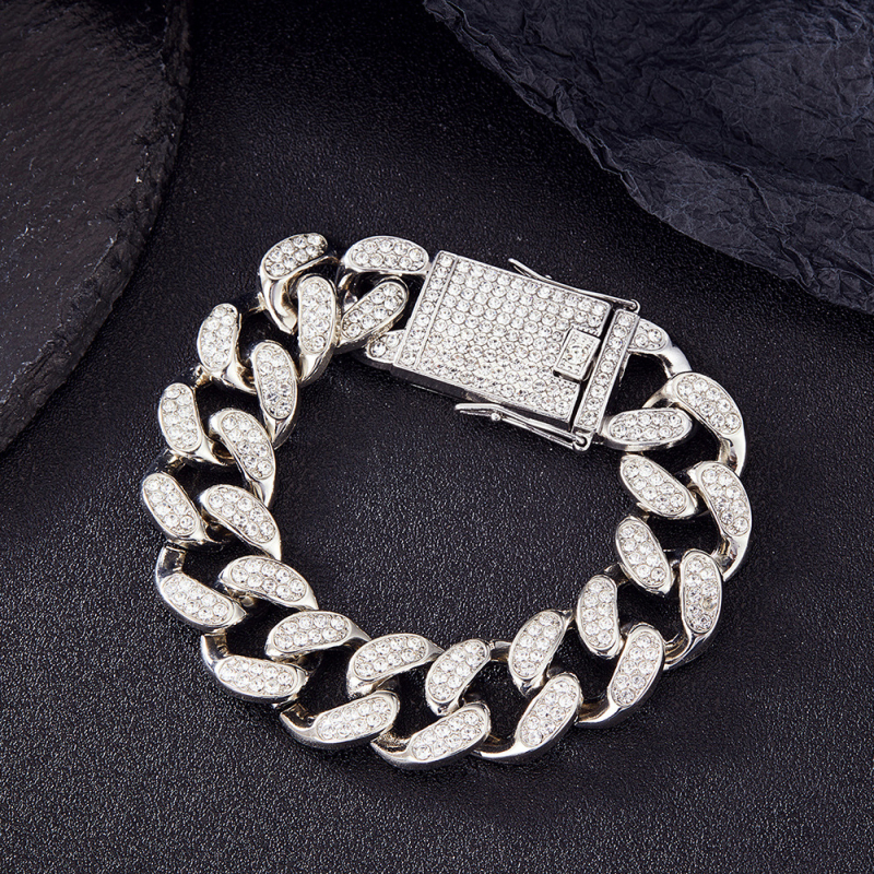 Teljes gyémántos kubán láncos karkötő készlet cinkötvözetből, tüskés I-formájú dizájn, uniszex hip-hop ékszer