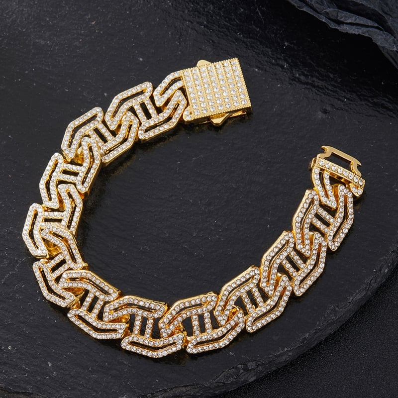 Teljes gyémántos kubán láncos karkötő készlet cinkötvözetből, tüskés I-formájú dizájn, uniszex hip-hop ékszer