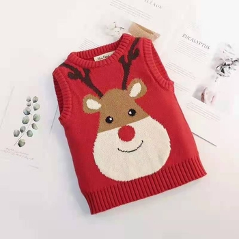 Детска плетена жилетка с карикатурен елен, 99% памук, кръгло деколте, без ръкави, пуловер, пролет 2025