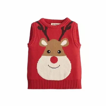 Детска плетена жилетка с карикатурен елен, 99% памук, кръгло деколте, без ръкави, пуловер, пролет 2025
