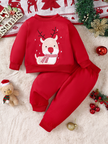 Двуделен комплект за бебета: есенно-зимно горнище и панталони със бродерия на елен, полиестрова материя, за деца 1–3 години