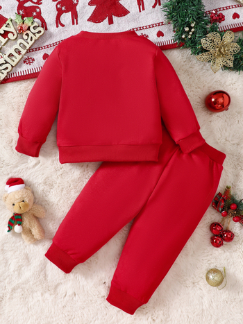 Двуделен комплект за бебета: есенно-зимно горнище и панталони със бродерия на елен, полиестрова материя, за деца 1–3 години