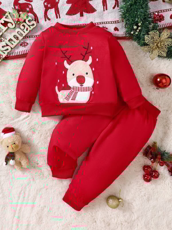 Двуделен комплект за бебета: есенно-зимно горнище и панталони със бродерия на елен, полиестрова материя, за деца 1–3 години