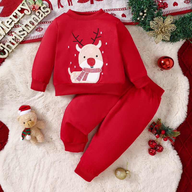 Двуделен комплект за бебета: есенно-зимно горнище и панталони със бродерия на елен, полиестрова материя, за деца 1–3 години