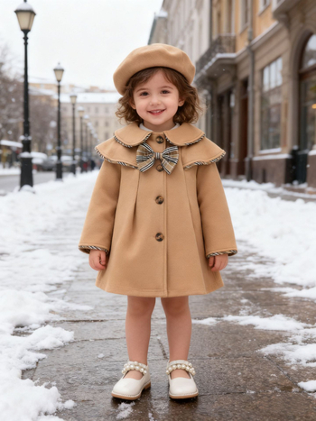 Зимно палто за момичета с лафел яка, многослойна конструкция, комплект с берет и панделка, за деца на възраст 1–3 години