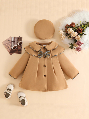 Зимно палто за момичета с лафел яка, многослойна конструкция, комплект с берет и панделка, за деца на възраст 1–3 години
