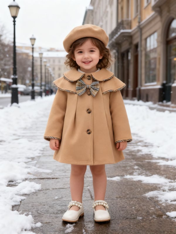 Зимно палто за момичета с лафел яка, многослойна конструкция, комплект с берет и панделка, за деца на възраст 1–3 години