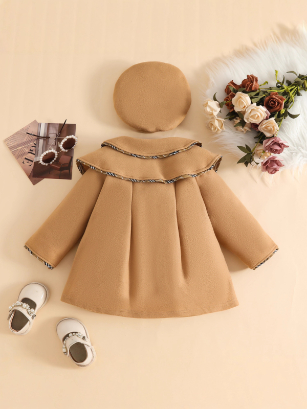 Зимно палто за момичета с лафел яка, многослойна конструкция, комплект с берет и панделка, за деца на възраст 1–3 години