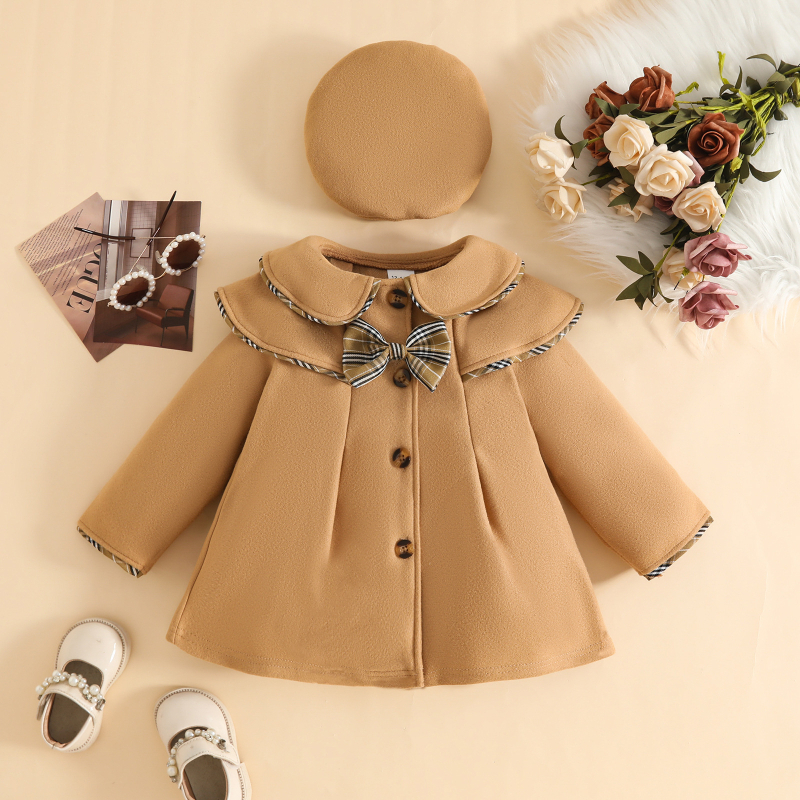 Зимно палто за момичета с лафел яка, многослойна конструкция, комплект с берет и панделка, за деца на възраст 1–3 години