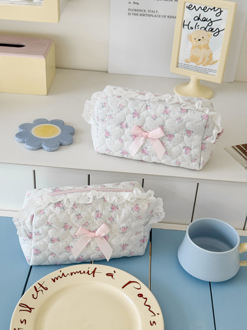 Чанта за съхранение с дантелен кант, флорален мотив, памучна тъкан, полиестерна подплата, голям капацитет