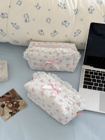 Чанта за съхранение с дантелен кант, флорален мотив, памучна тъкан, полиестерна подплата, голям капацитет