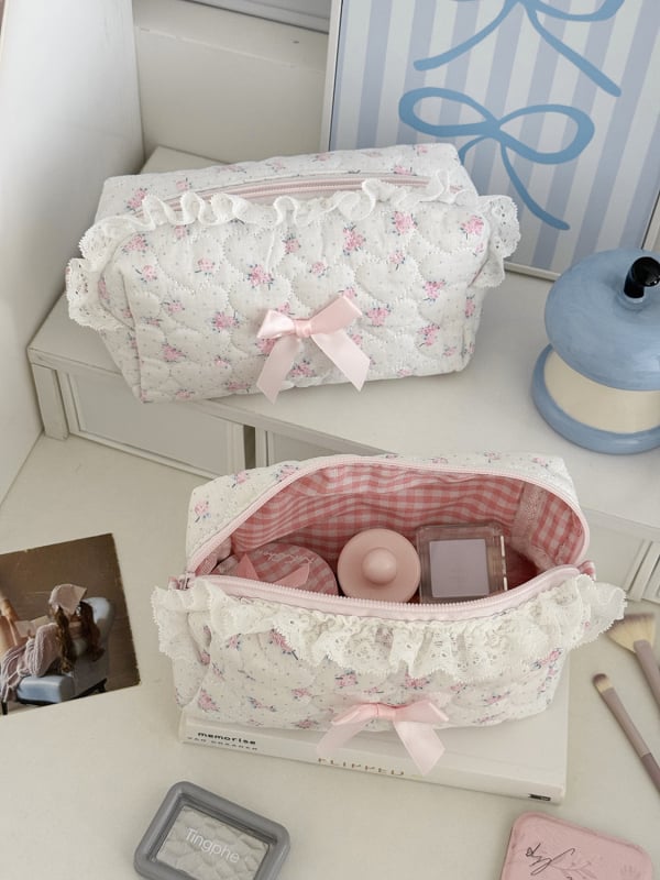 Чанта за съхранение с дантелен кант, флорален мотив, памучна тъкан, полиестерна подплата, голям капацитет