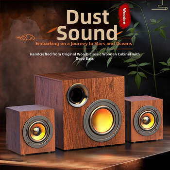 Puitkorpusega USB-arvutite kõlarisüsteem 2.1 koos subwooferiga – MP3 taasesitus, 3 kõlarit, 110V toide