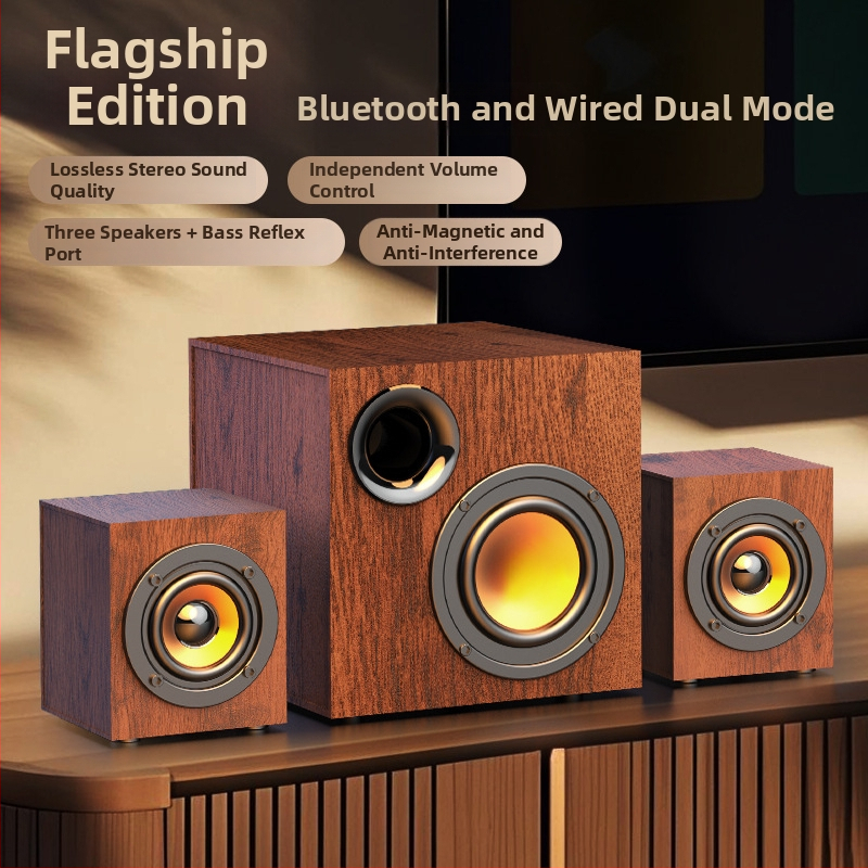 Puitkorpusega USB-arvutite kõlarisüsteem 2.1 koos subwooferiga – MP3 taasesitus, 3 kõlarit, 110V toide