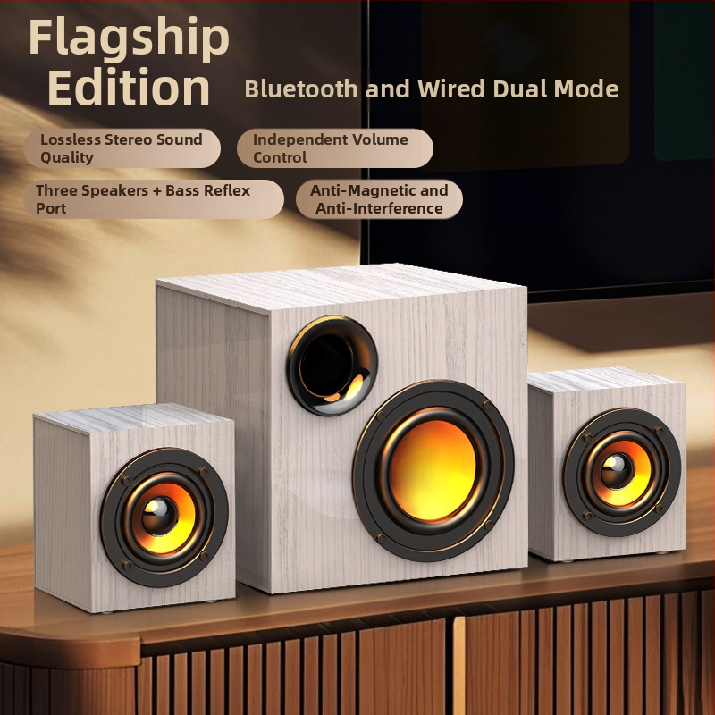 Puitkorpusega USB-arvutite kõlarisüsteem 2.1 koos subwooferiga – MP3 taasesitus, 3 kõlarit, 110V toide